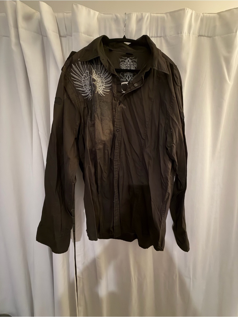 Roar Men's Dark Brown Button-Down Shirt with Embroidered Wing Accent